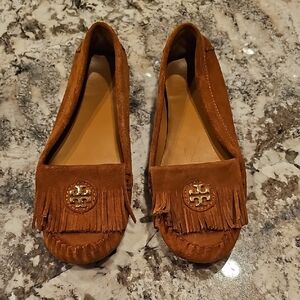 Tory Burch Tan Suede Moccasins with Fringe